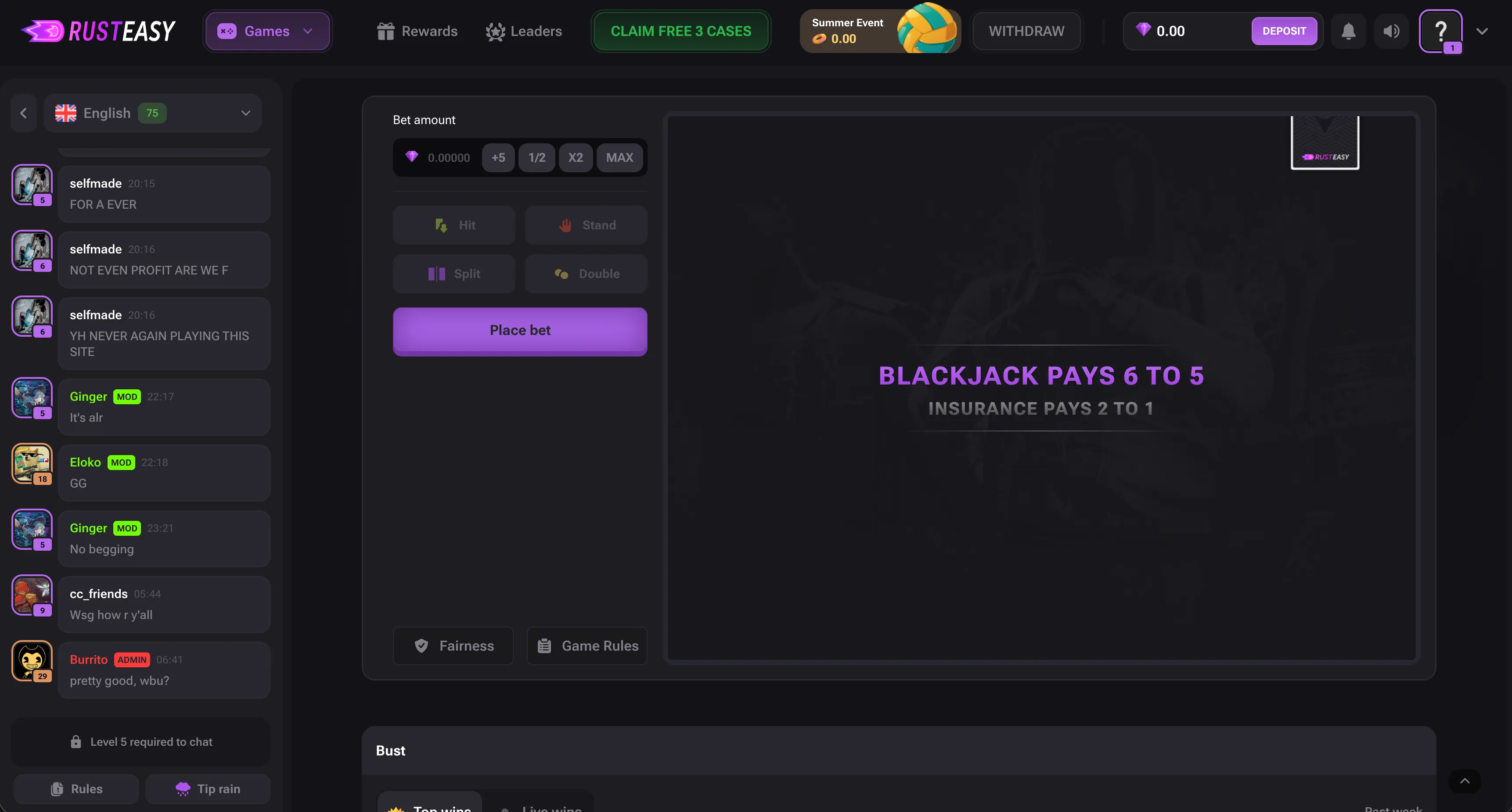 RustEasy Bust blackjack game