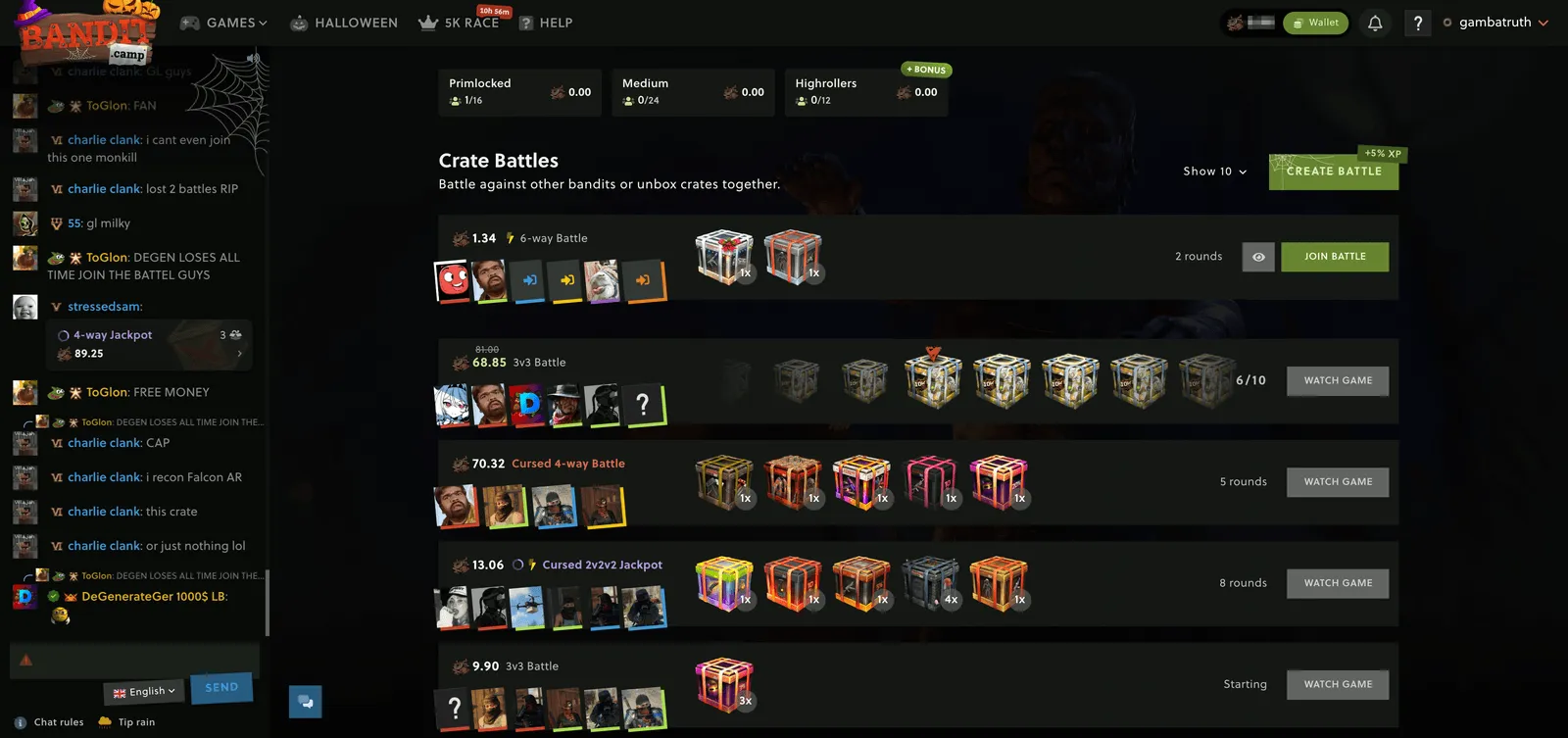 Bandit.camp Crate Battles Lobby