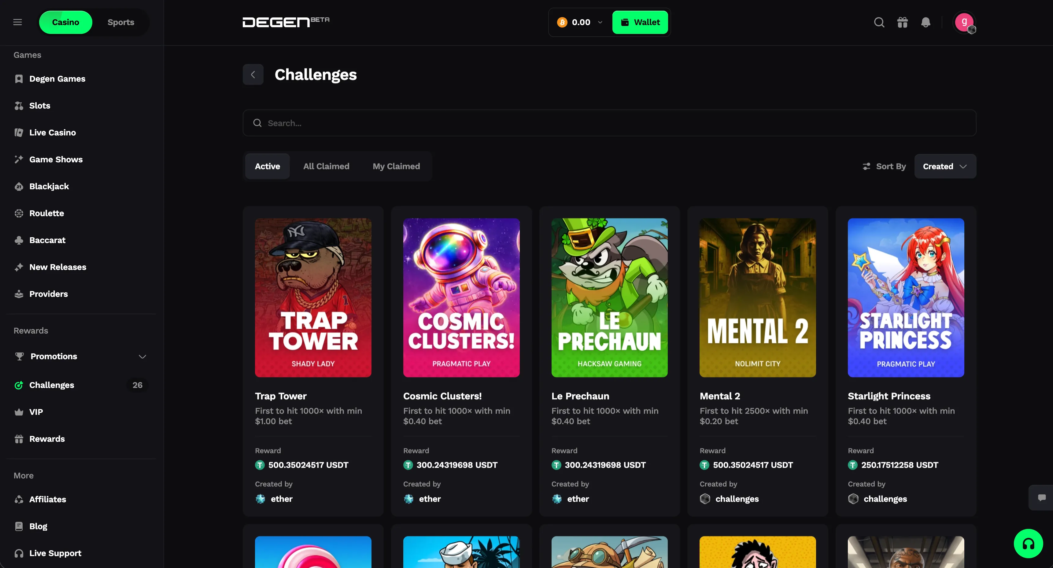 Degen.com casino challenges