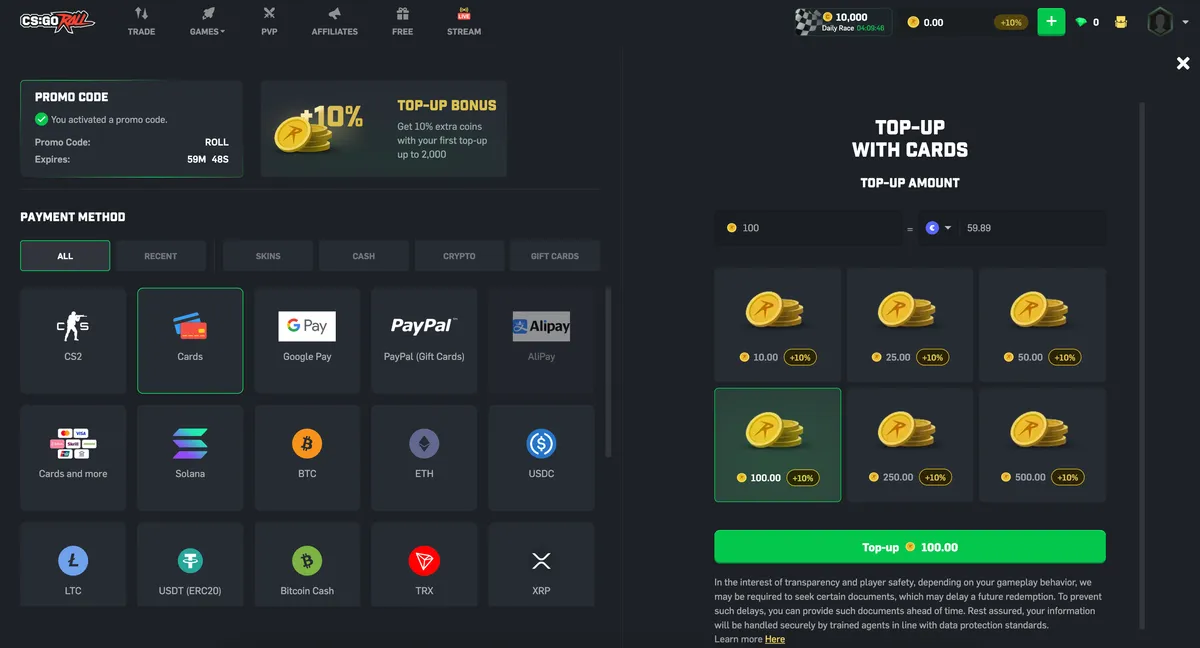 CSGORoll Deposit Interface