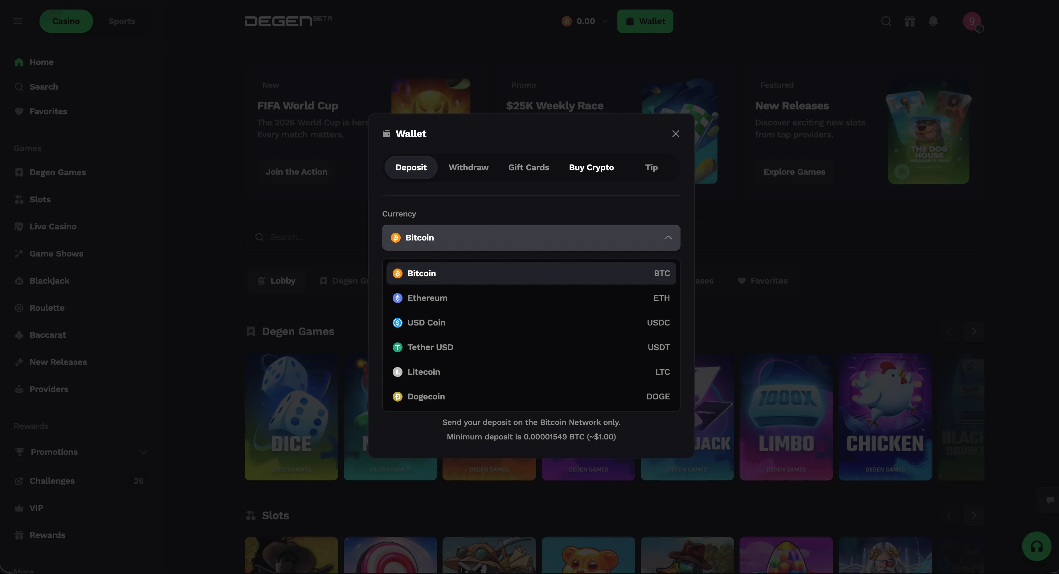 Degen.com cryptocurrency deposit methods