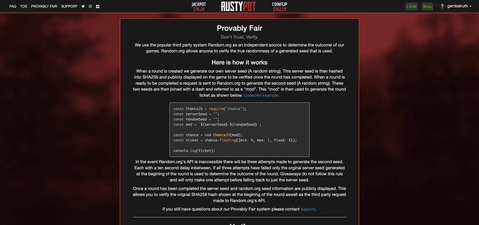 Rustypot Provably Fair Page