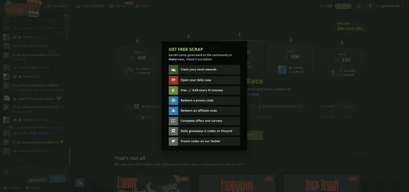 Bandit.camp Get Free Scrap Menu