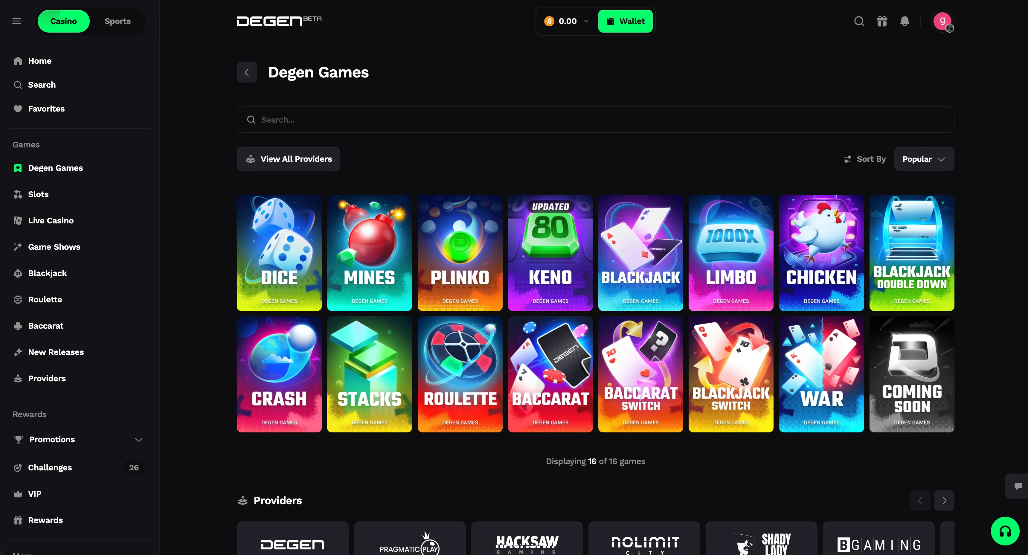 Degen.com original casino games