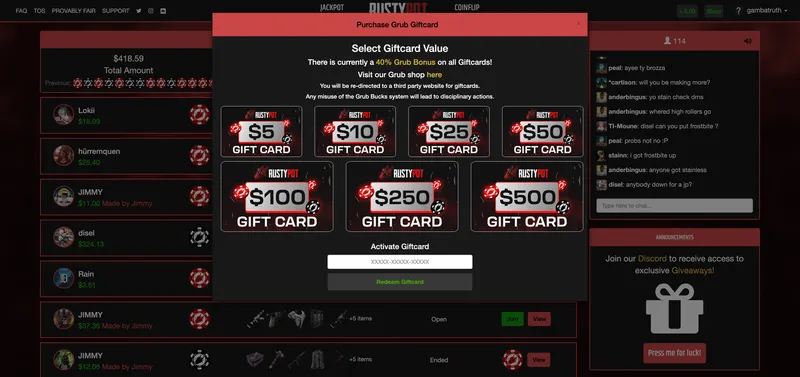 Rustypot Grub Bucks Gift Cards with 40% Bonus
