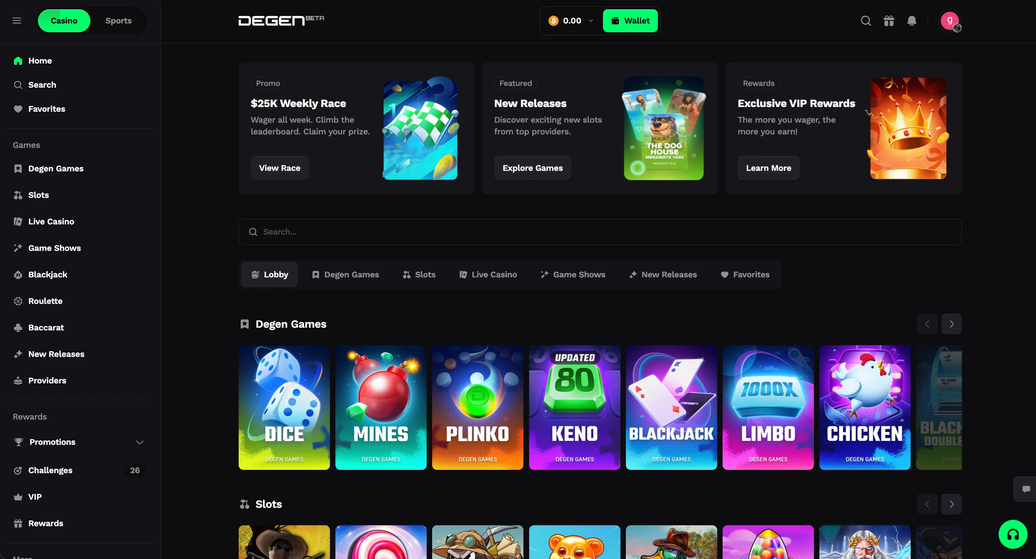 Degen.com crypto casino home page