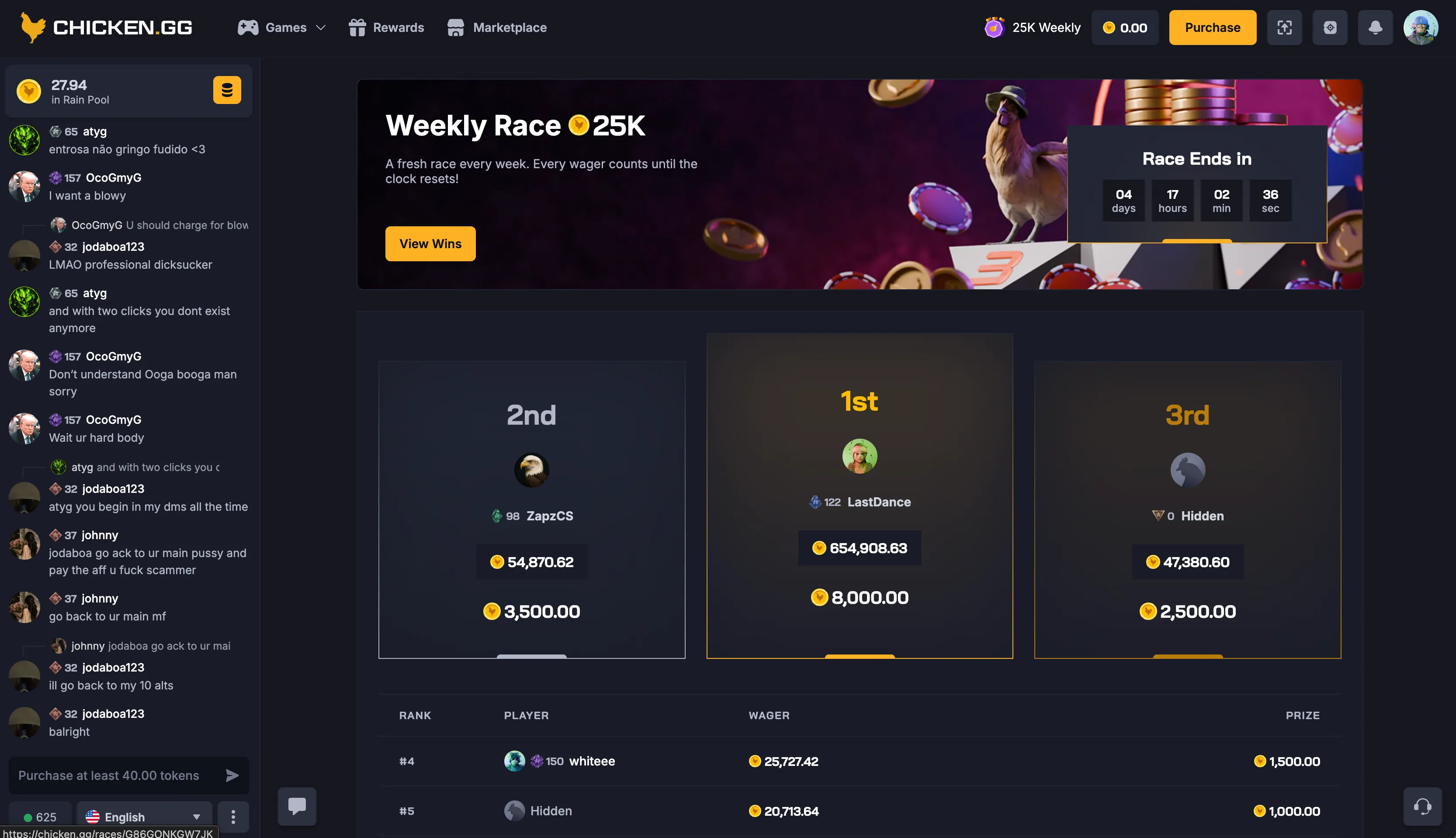 Chicken.gg Wager Race Leaderboard