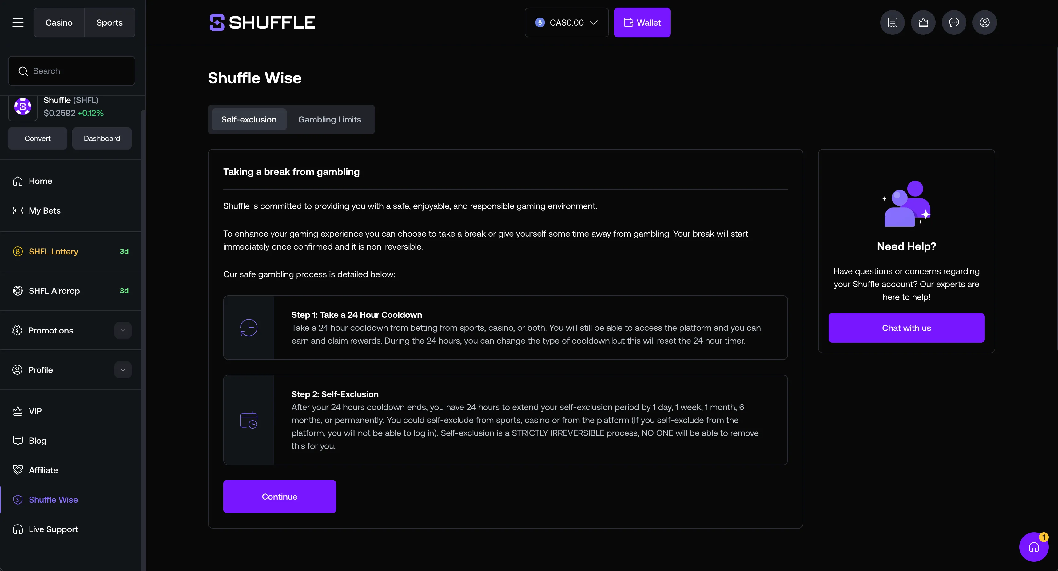Shuffle Wise responsible gambling tools