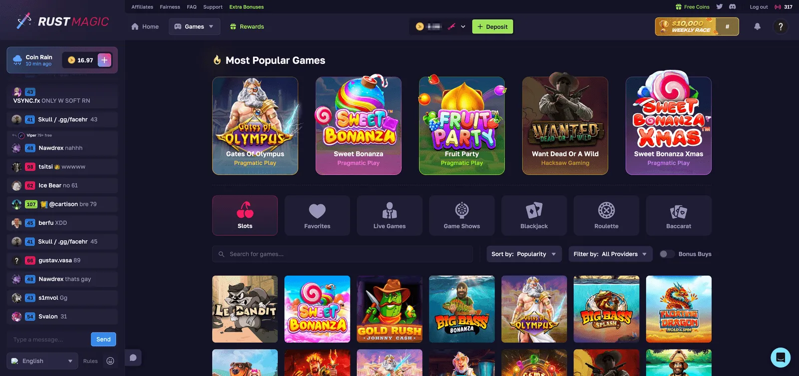 RustMagic Slots and Live Casino Lobby