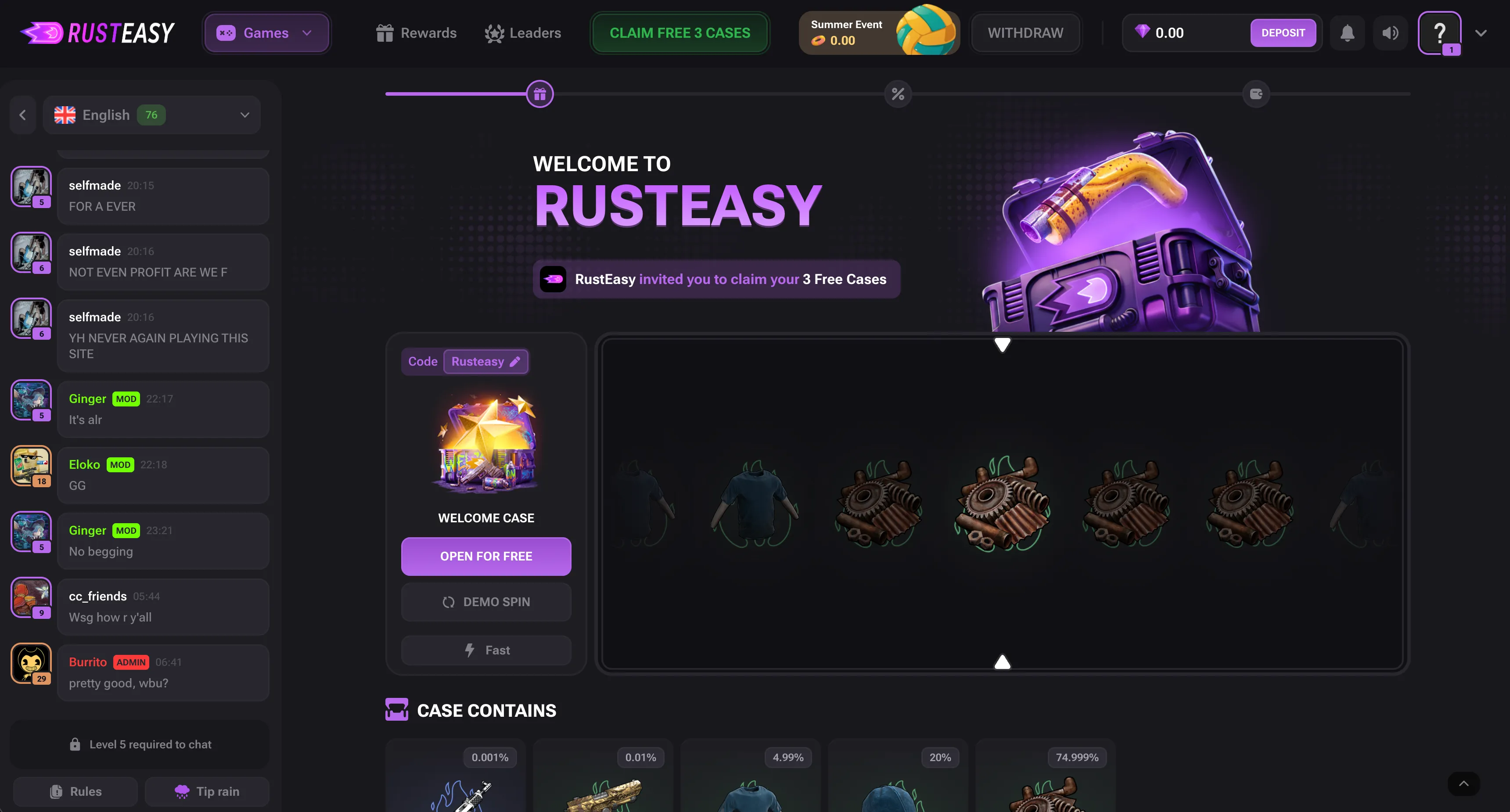 RustEasy welcome cases and referral code screen