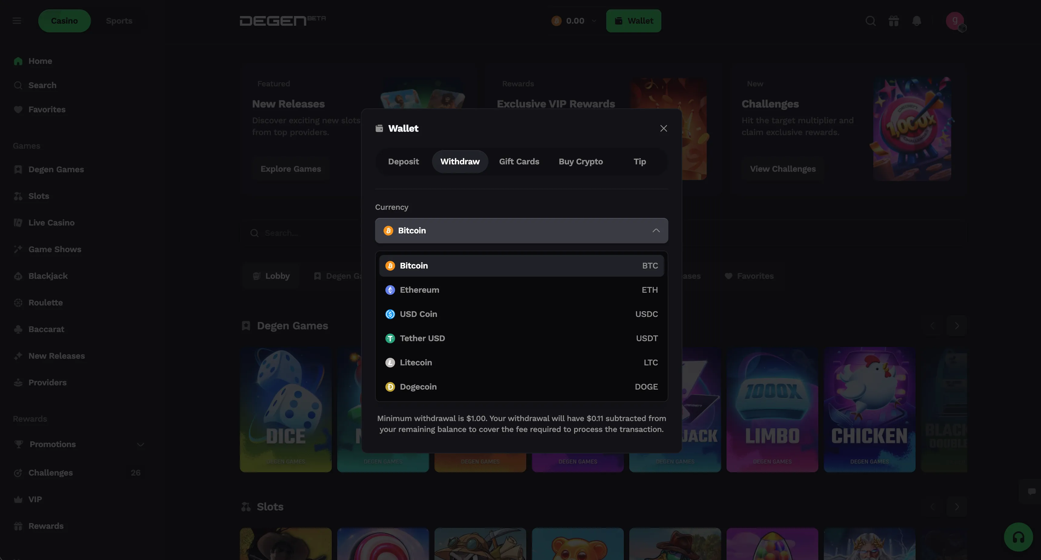 Degen.com cryptocurrency withdrawal methods