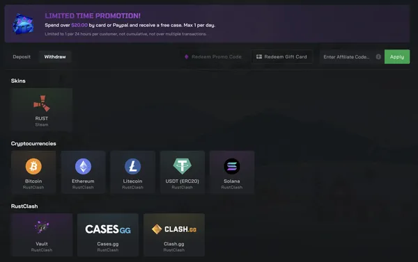 RustClash Withdraw Options